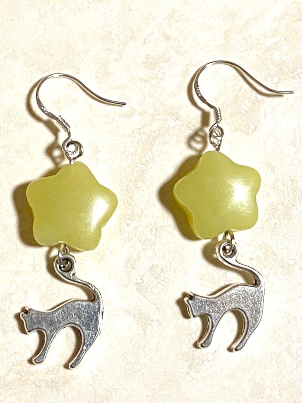 Lemon Jade (Serpentine) & Slim Cat Earrings,Gemstone Star & Sterling Silver Hook